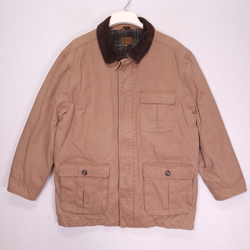 St Johns Bay Mens XL Tan Cotton Canvas Barn Field Jacket Chore Coat Suede Collar